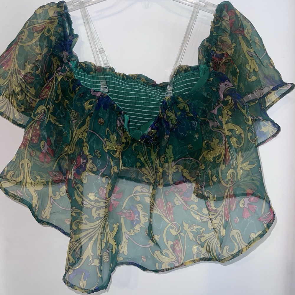 Off-Shoulder Print Smocked Crop Top with Elastic Flutter Sleeves - Green Bustier